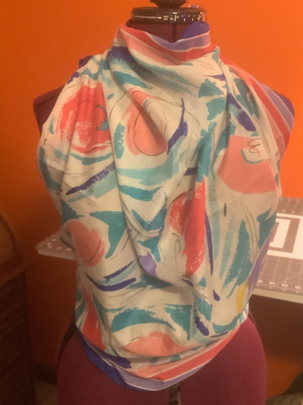 Stylish vintage Abstract Print  Scarf in White, Coral & Teal